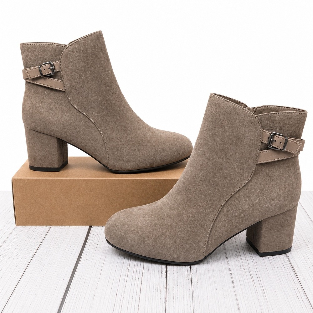 Solanz Carolann Block Heel Ankle Boots Buckle Strap Faux Suede Taupe Size 10W
